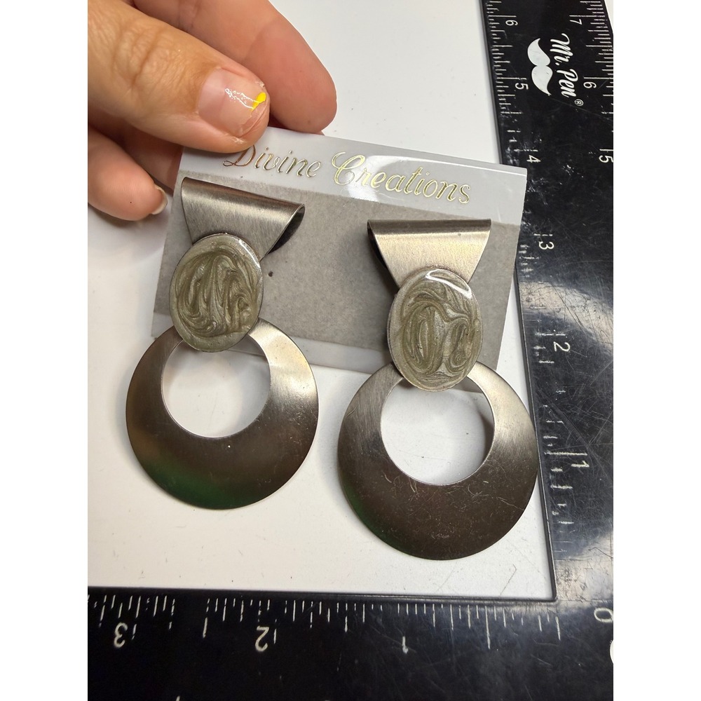 Divine Creations Silver Tone Grey Enamel Geometric Hoop Drop Statement Earrings